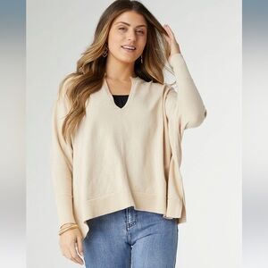 Coco + Carmen Soft Beige Fine Gauge V-Neck Sweater With Side Slit